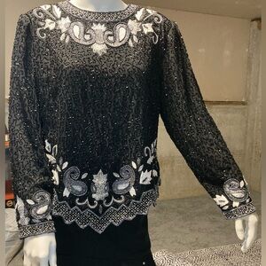Draper’s & Damon’s Petites Bling Silk Black Beaded Embroidered Blouse WM SZ PL
